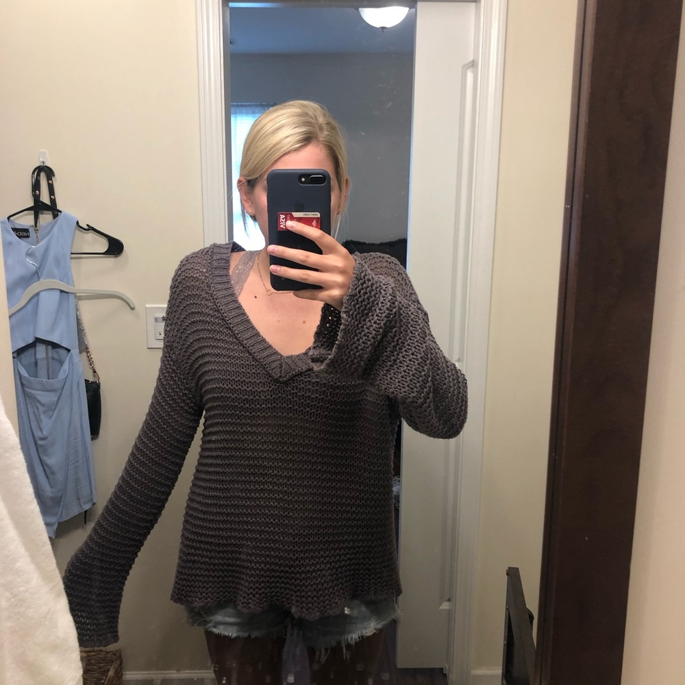 Dark Purple Oversized V-neck Knit Sweater